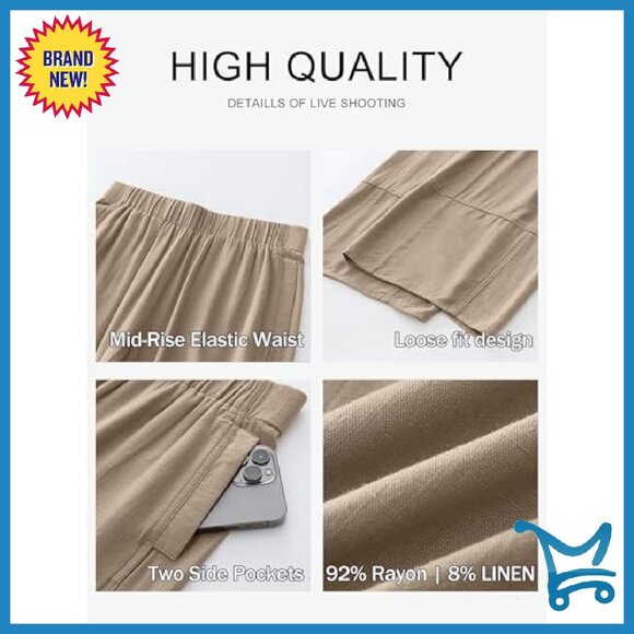 Wide Leg Linen Pants Elastic Waist Lounge Travel Boho Casual - Picture 6 of 7